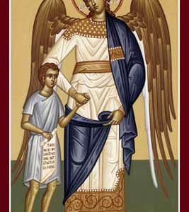 Guardian Angel with Boy lithographed print mounted on wood
